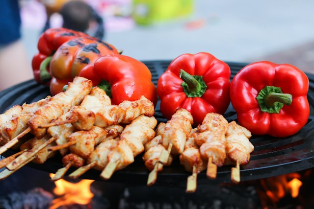 Kebab on a BBQ grill, with capsicum