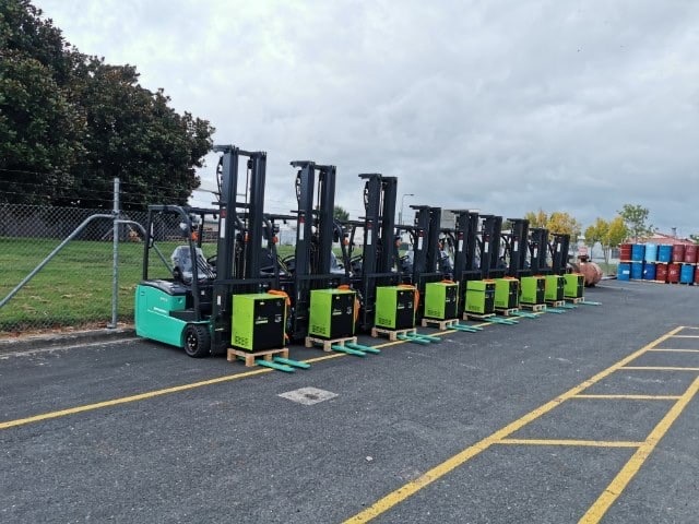 forklifts lined up outside