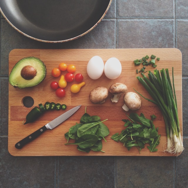 A chopping board full of balanced ingredients