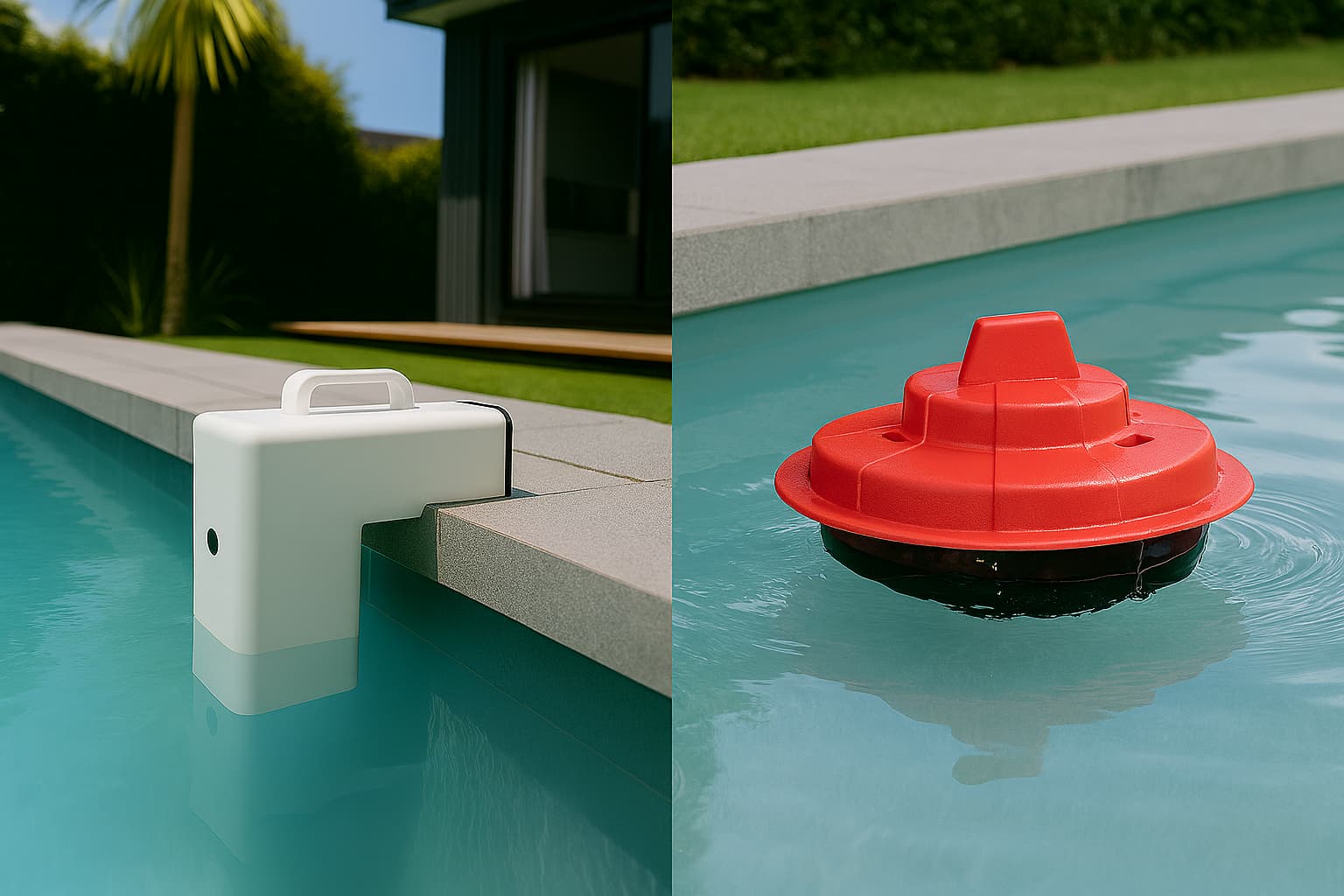 A comparison image of a white wall mounted pool alarm vs a red floating one