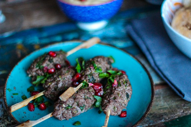 Kebabs on a blue plate