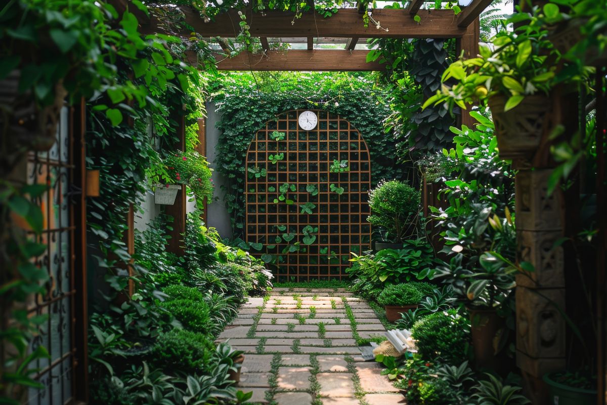 small garden with pergola and screens