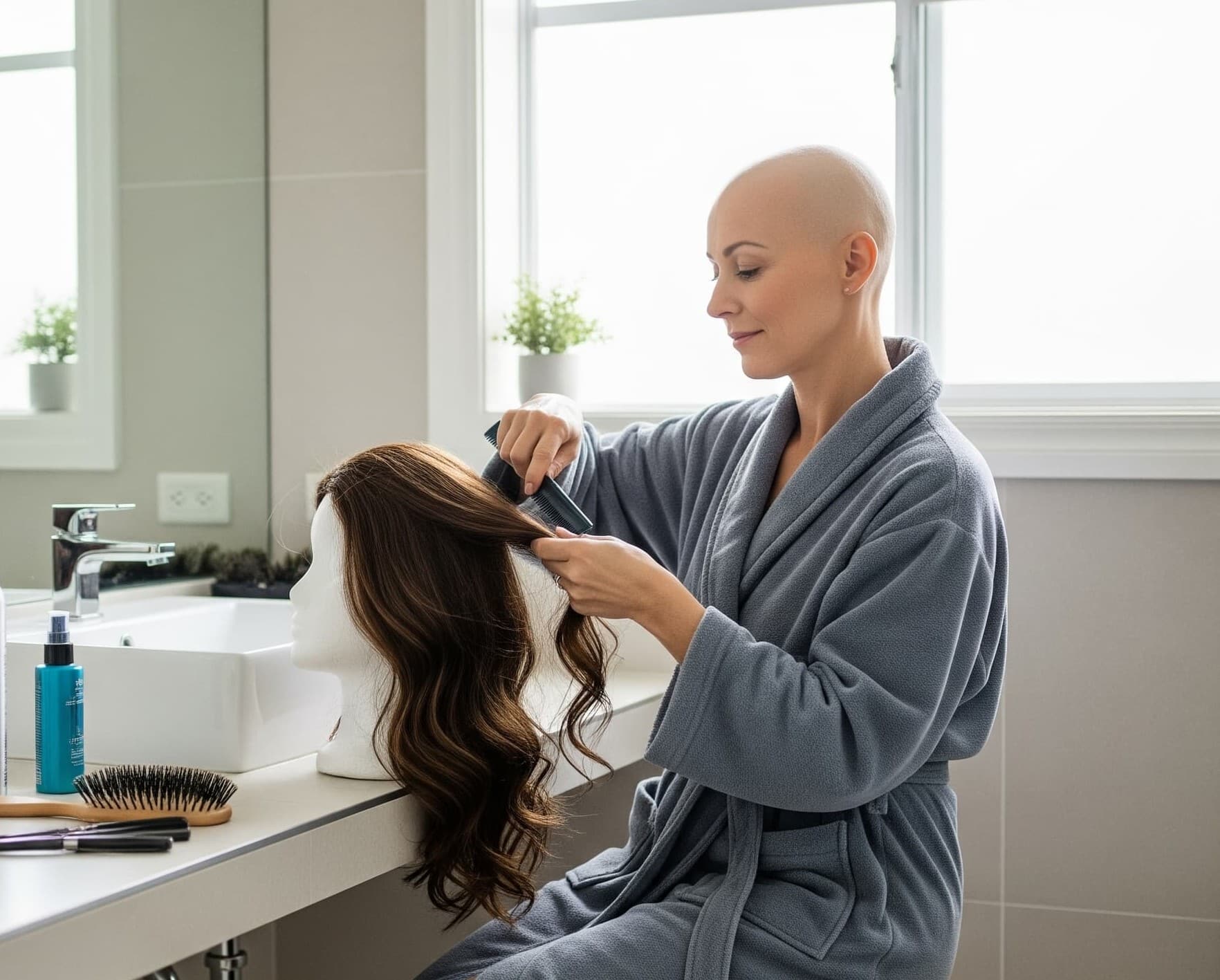 bald woman brushes wig in front of mirror in bathroom